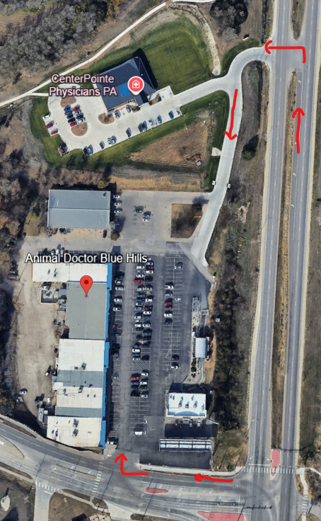 The green arrows represent the route to take to access our parking lot. We have two main entrances to our parking lot as shown.